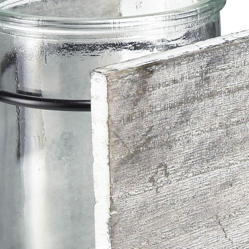 Product Glass tealight holder in rustic wooden frame – grey-white, 10x9x10cm – charming table decoration 3pcs
