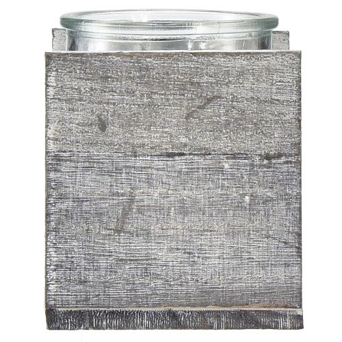 Product Glass tealight holder in rustic wooden frame – grey-white, 10x9x10cm – charming table decoration 3pcs