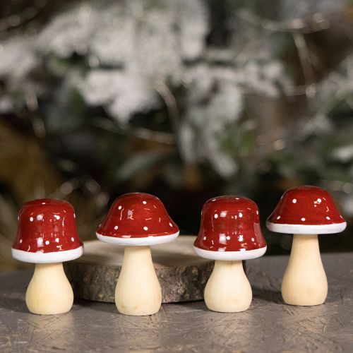 Product Wooden mushrooms, toadstools, decoration, wood, FSC, red-brown, H6.5/7 cm, 4 pieces