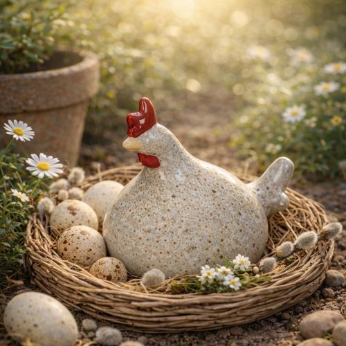 Product Ceramic chicken figurine, fun design for stylish home decoration, 16cm, 2 pieces