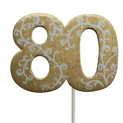 Floristik24 Anniversary number "80" on the staff wood, gold 36pcs