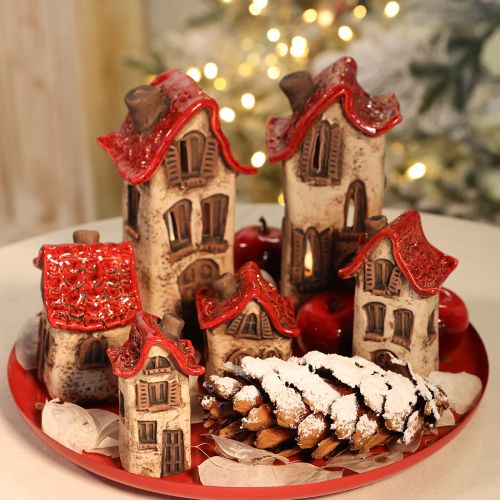 Set of 2 Ceramic Mini Houses with Red Roofs – 8cm | Floristik24.co.uk