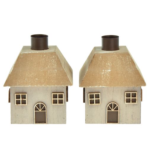 Product Candle Holder Christmas House Wood Grey 9×9×11cm 2 pcs