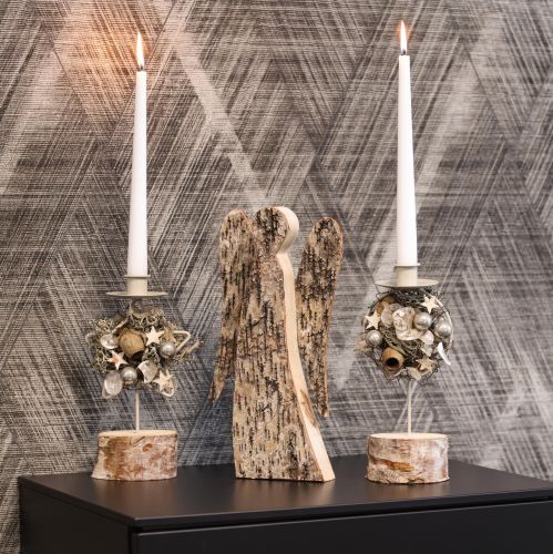 Candle Holder Star with Wooden Base for Taper Candles, 20cm, Silver/Natural | Floristik24.co.uk