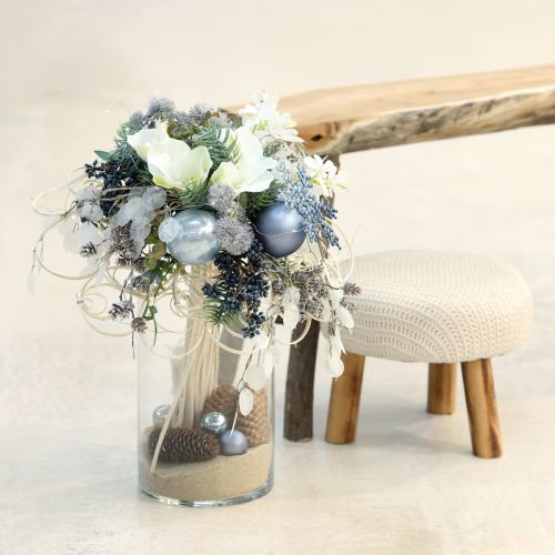 Product Set of blue/silver glass spheres – matte & glossy, glass decorations for winter floral arrangements, 7.5cm, 12 pieces