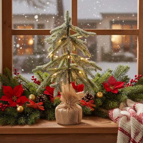 50cm Snow-Dusted Artificial Christmas Tree with Warm White LEDs and Burlap Base for Indoor Use | Floristik24.co.uk