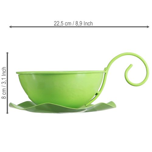 Product Metal decorative cup, apple green, with saucer, H8cm Ø11.5cm, 2 pieces