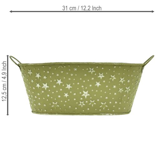 Oval metal bowl with stars and handles, green, 31×16cm, H12.5cm | Floristik24.co.uk