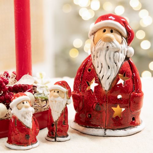Santa Claus Ceramic Tealight Holder with Star Cutouts 15cm Red | Floristik24.co.uk