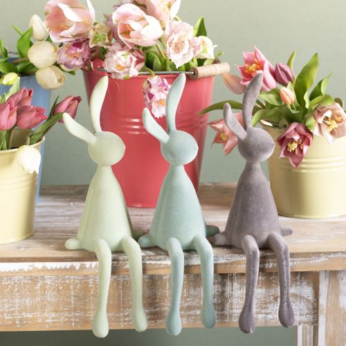 Easter Bunny Decoration Rabbit Sitting Flocked – 2nd Choice – Green Brown 36cm 3 Pcs