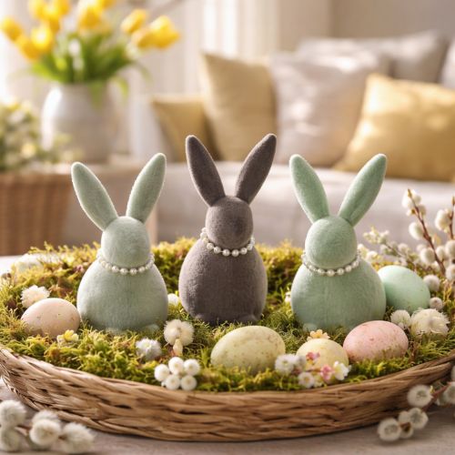 Product Easter bunny decoration with pearl necklace, bunny for living room and Easter table, 13cm, 3 pieces