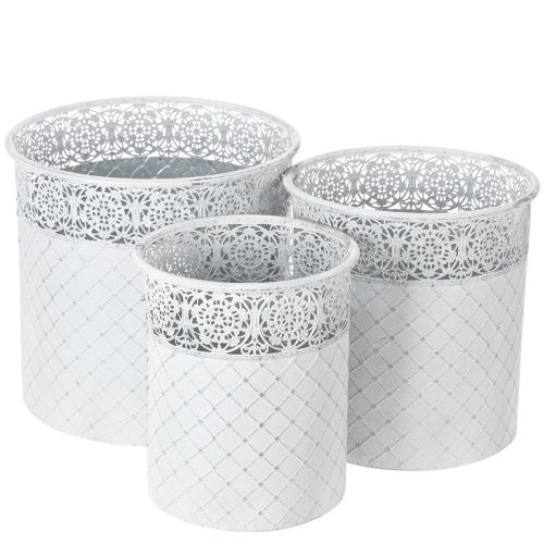 Floristik24 Plant pot with lace pattern, metal container, decorative bucket, white, silver, shabby chic, H28/25.5/23.5cm, Ø29.5/25.5/20cm, set of 3
