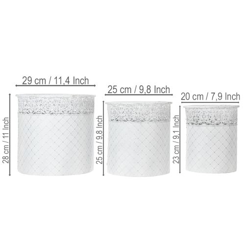 Product Plant pot with lace pattern, metal container, decorative bucket, white, silver, shabby chic, H28/25.5/23.5cm, Ø29.5/25.5/20cm, set of 3
