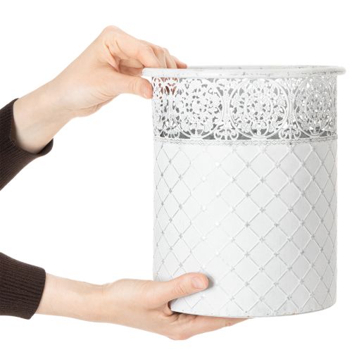 Product Plant pot with lace pattern, metal container, decorative bucket, white, silver, shabby chic, H28/25.5/23.5cm, Ø29.5/25.5/20cm, set of 3