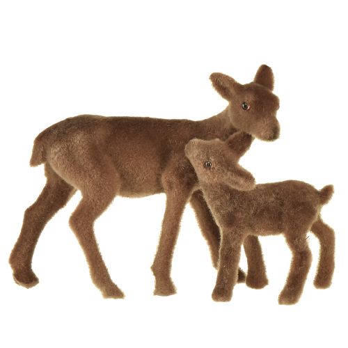 Deer Decoration Figures Christmas Brown Flocked Deer with Fawn in Set H9/5.5cm 4 Pcs