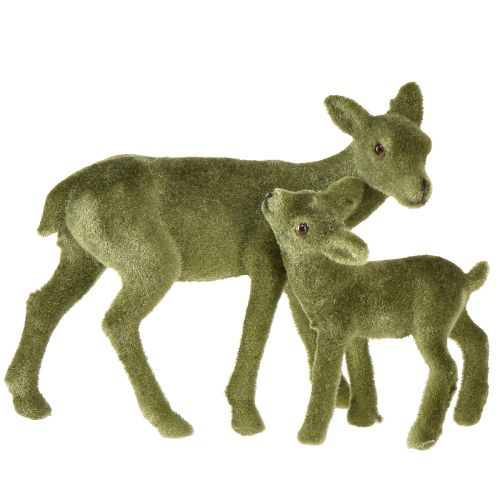 Floristik24 Deer Decoration Figures Christmas Green Flocked Deer with Fawn in Set H9/5.5cm 4 Pcs
