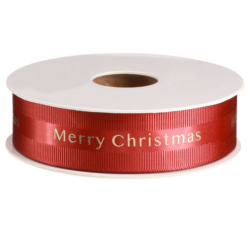 Product Red Christmas ribbon with golden &#39;Merry Christmas&#39; lettering Width 25mm Length 20m