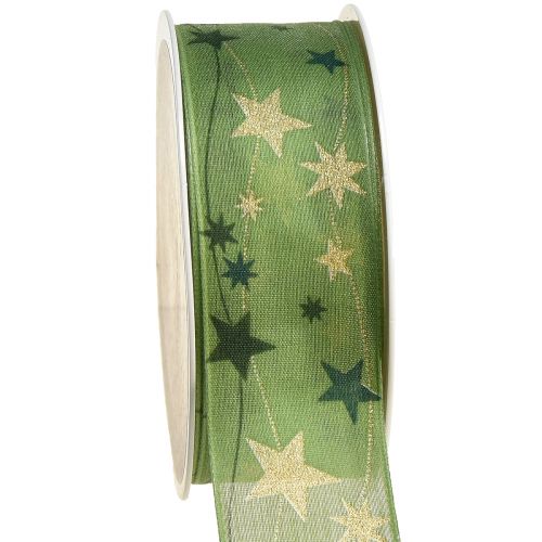 Floristik24 Christmas ribbon with stars gift ribbon green with wire edge 40mm 15m