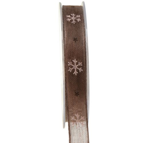 Snowflake decorative ribbon with wire brown pink W15mm L15m