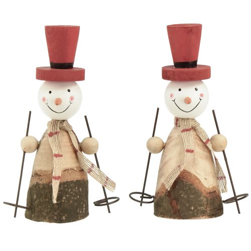 Product Adorable set of 2 wooden snowmen with red top hats – winter table decoration – natural &amp; red, 15.5 cm 2 pieces
