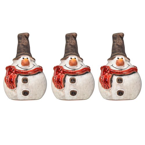 Product Ceramic snowman figure, 8.5cm, with top hat and red scarf - Christmas and winter decoration - 3 pieces