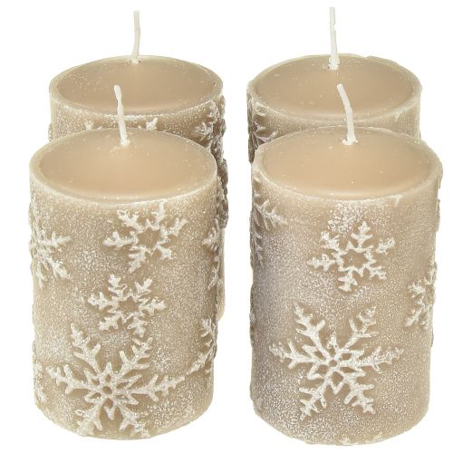 Pillar Candles Beige Candles Snowflakes 100/65mm 4 Pcs