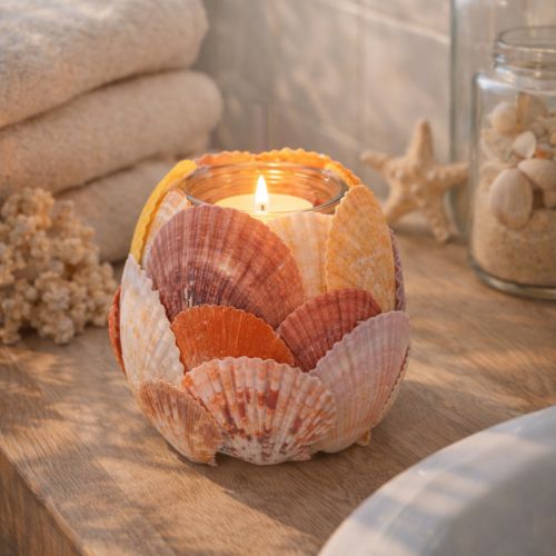 Product Nautical tealight holder, lantern, real seashells, decoration for bathroom, holiday atmosphere, 12cm