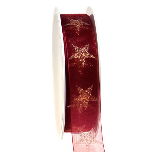 Product Christmas ribbon dark red gold with stars W25mm L18m