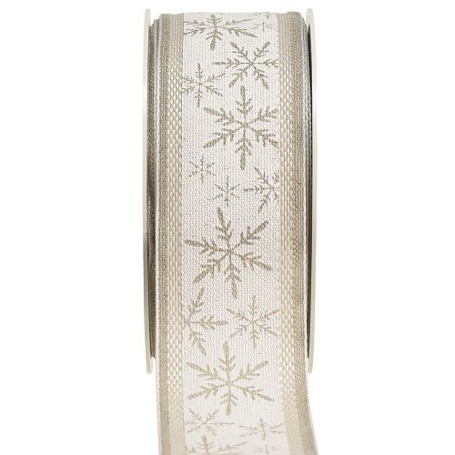 Floristik24 Christmas ribbon with snowflakes – winter ribbon with linen content white beige 40mm 12m