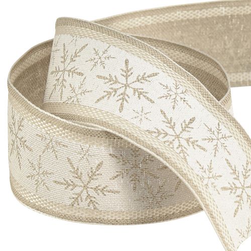 Floristik24 Christmas ribbon with snowflakes – winter ribbon with linen content white beige 40mm 12m