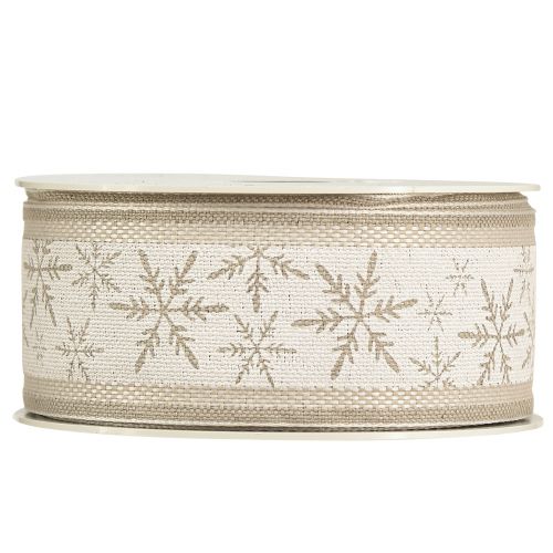 Floristik24 Christmas ribbon with snowflakes – winter ribbon with linen content white beige 40mm 12m