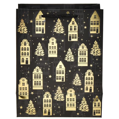Floristik24 Christmas bag black/gold fir houses 18x10x23cm 2pcs
