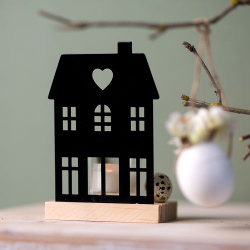 Floristik24 Lantern House Metal Black with Wooden Base H15cm 2pcs