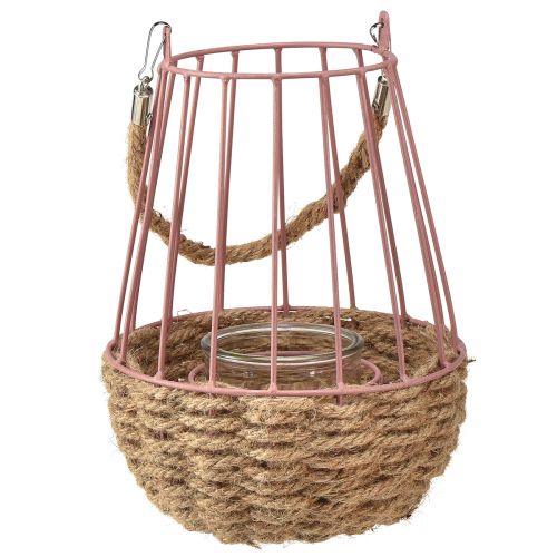 Floristik24 Lantern with handle and candle glass pink natural Ø18cm H22cm