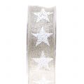 Floristik24 Christmas ribbon with star pattern natural, silver 40mm 15m