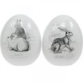 Floristik24 Ceramic egg, Easter decoration, Easter egg with rabbits white, black Ø10cm H12cm set of 2