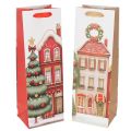 Floristik24 Set of 2 Christmas Bottle Gift Bags, Paper, 36cm, House and Tree Design