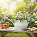 Decorative Watering Can White Vintage Metal Grooved Flower Pot 25cm | Floristik24.co.uk