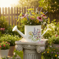 White metal watering can with floral motif, 13.5cm, decorative planter | Floristik24.co.uk