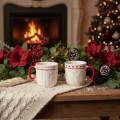 Set of 2 Ceramic Mugs with Red Handles, Knitted Pattern, and Heart Decoration, 9cm | Floristik24.co.uk