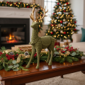Decorative Standing Deer Figure, Flocked Surface, Gold Antlers, 31cm, Green, Indoor Decoration | Floristik24.co.uk