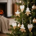 Christmas ornaments, wooden star, tree, heart, 6 pieces, white and gold decorative pendants | Floristik24.co.uk