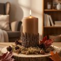 Pillar candle with branch decoration, wax, brown caramel, 150/70mm | Floristik24.co.uk