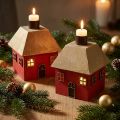 Candle Holder Christmas House Wood Red 9×9×11cm 2 Pcs | Floristik24.co.uk