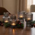 Set of 4 Grey Ribbed Glass Candle Holders for Taper and Tealight Candles, H8cm | Floristik24.co.uk