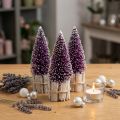 Decorative Christmas tree in purple with snow tip on a rustic wooden base 15cm 3 pieces. | Floristik24.co.uk