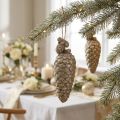 Christmas Tree Ornament Cones with glitter Light gold 14cm 3pcs | Floristik24.co.uk