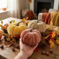 Decorative Pumpkins Yellow Beige Reddish Brown Flocked Ø18cm 3 Pcs | Floristik24.co.uk