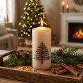 Christmas candle, beige, fir tree design, 150/70mm, 63h, RAL | Floristik24.co.uk