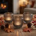 Glass Tealight Holder in Grey with Ribbed Design Ø7cm H7cm Set of 6 | Floristik24.co.uk